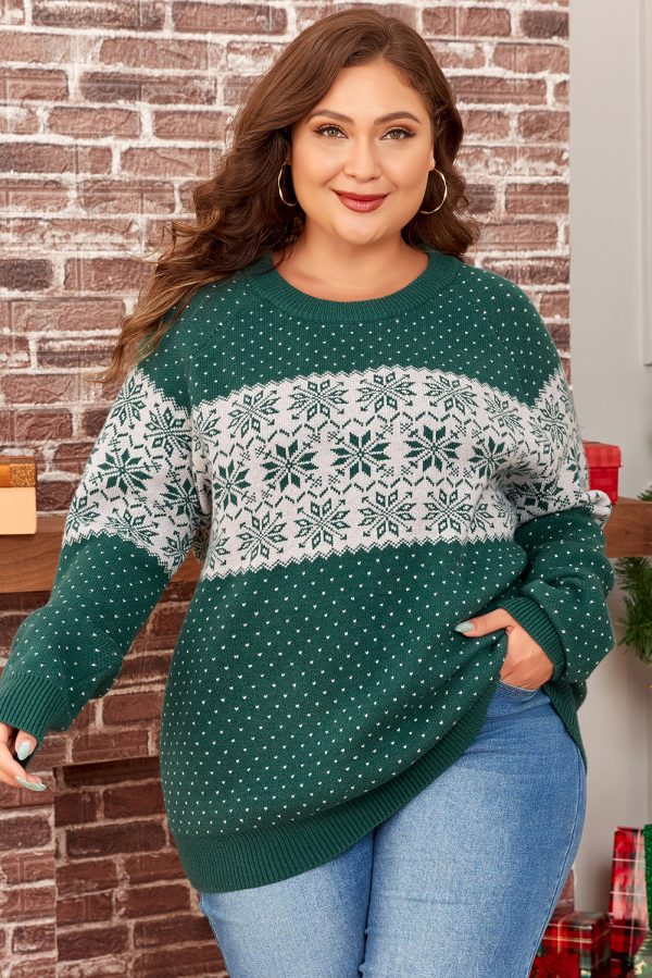 Green Christmas Snowflake Pattern Drop Shoulder Plus Size Sweater - Image 3