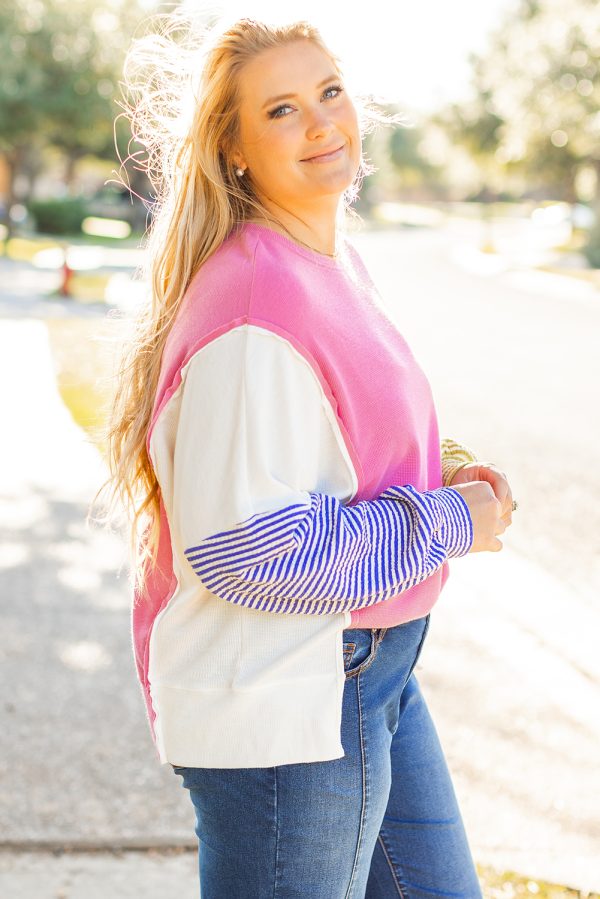 Rose Red Colorblock Patchwork Striped Puff Sleeve Plus Size Top with Slits - Image 3