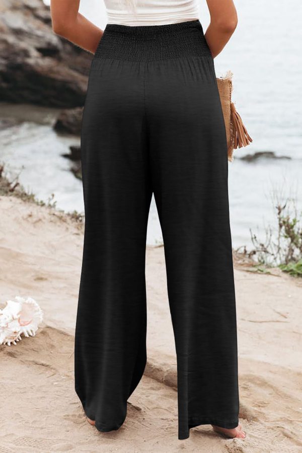 Black Shirred High Waist Plus Size Wide Leg Pants - Image 2