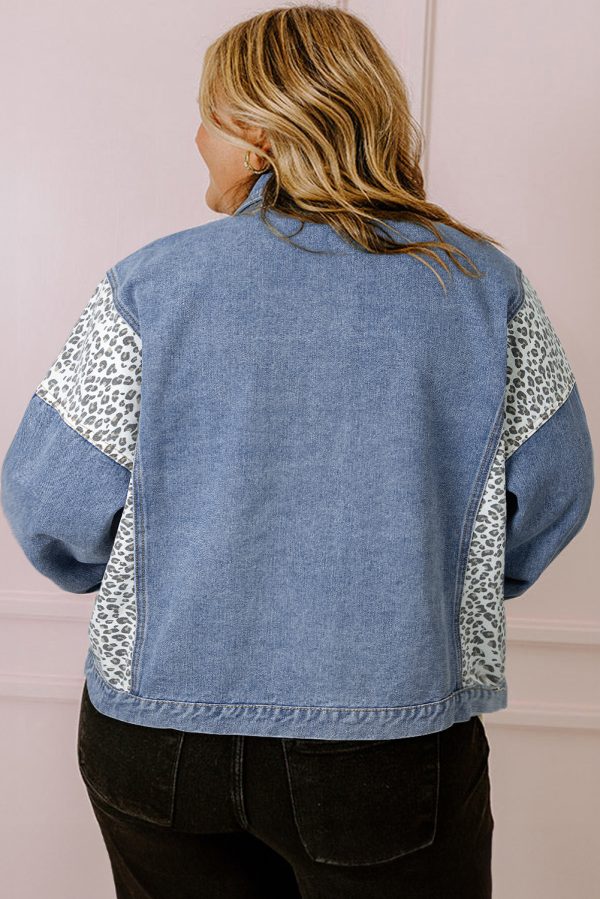 Beau Blue Leopard Patchwork Flap Detail Plus Size Denim Jacket - Image 2