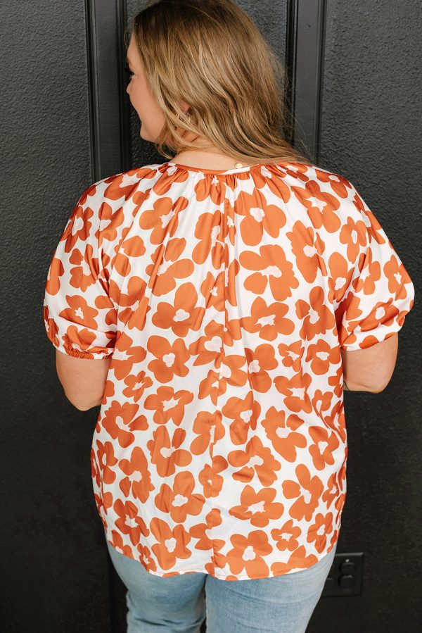 Orange Plus Size Floral Print Drawstring V Neck Short Sleeve Blouse - Image 2