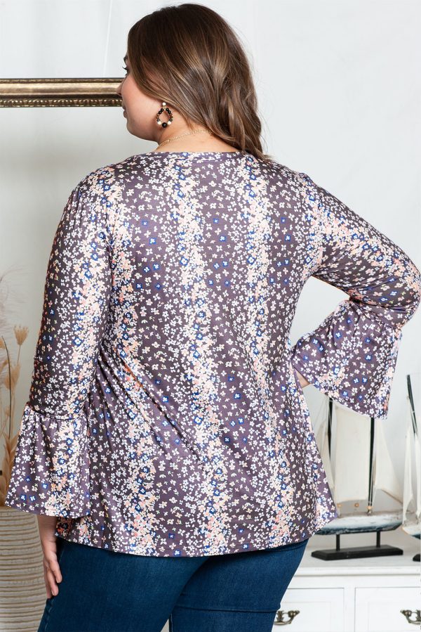 Purple Floral Print Round Neck Plus Size Babydoll Blouse - Image 2