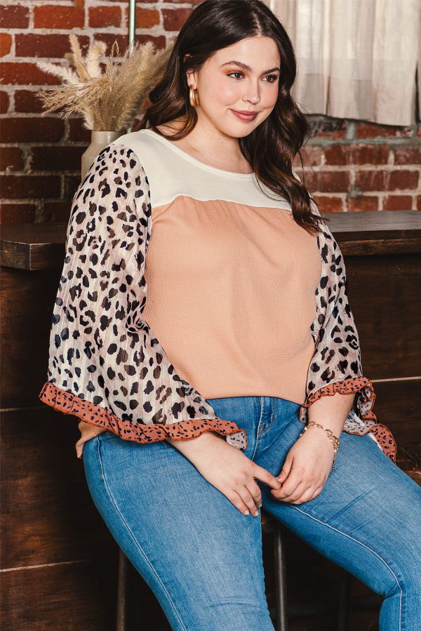 Khaki Printed Plus Ruffle Leopard Sleeve Waffled Color Block Top - Image 3