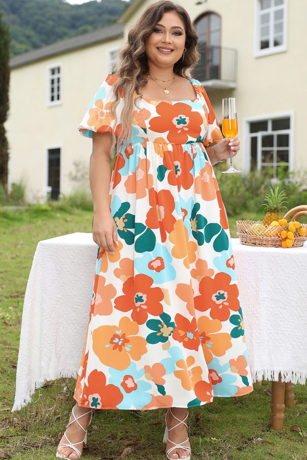 Orange Plus Size Flower Print Shirred Square Neck Maxi Dress - Image 3