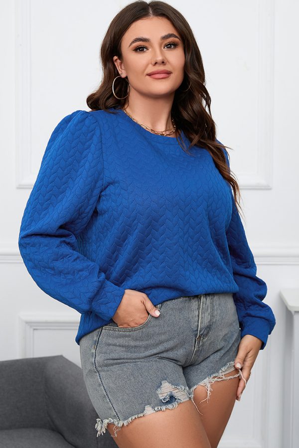 Dark Blue Cable Pattern Puff Sleeve Plus Size Top - Image 3