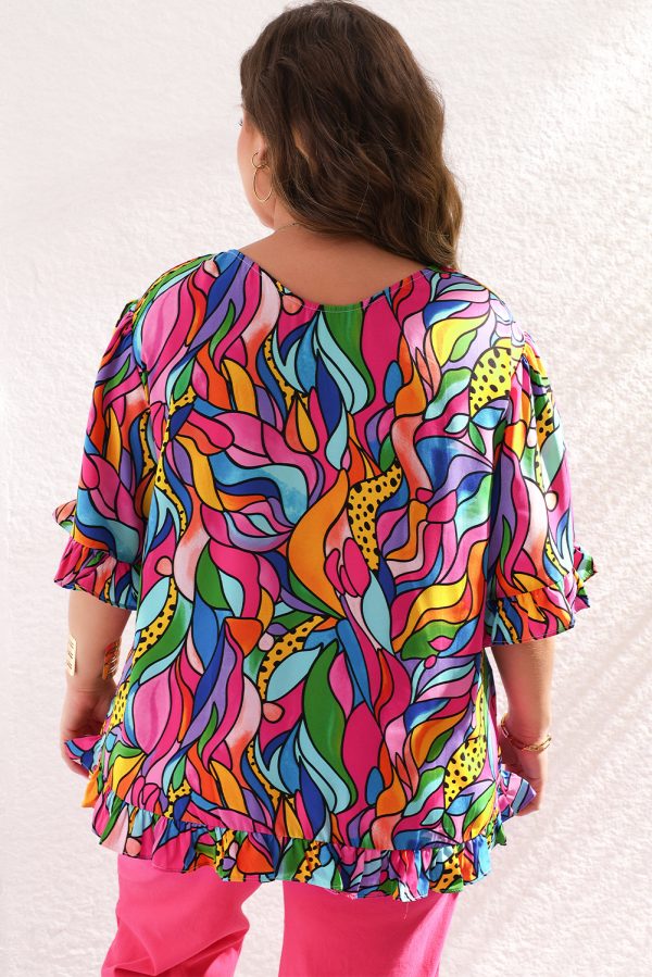 Rose Abstract Print Plus Size Frilly Trim Blouse - Image 2