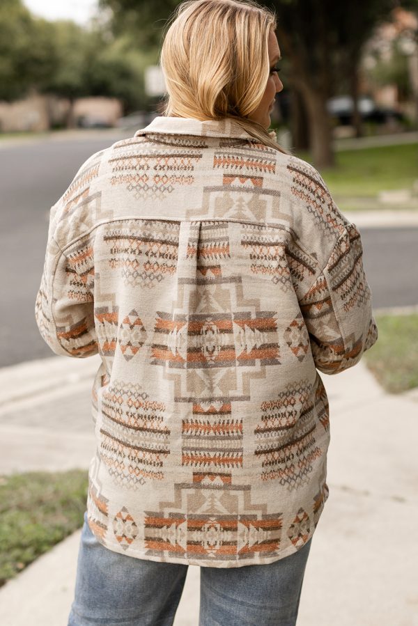 White Aztec Geometric Print Pockets Plus Size Jacket - Image 2