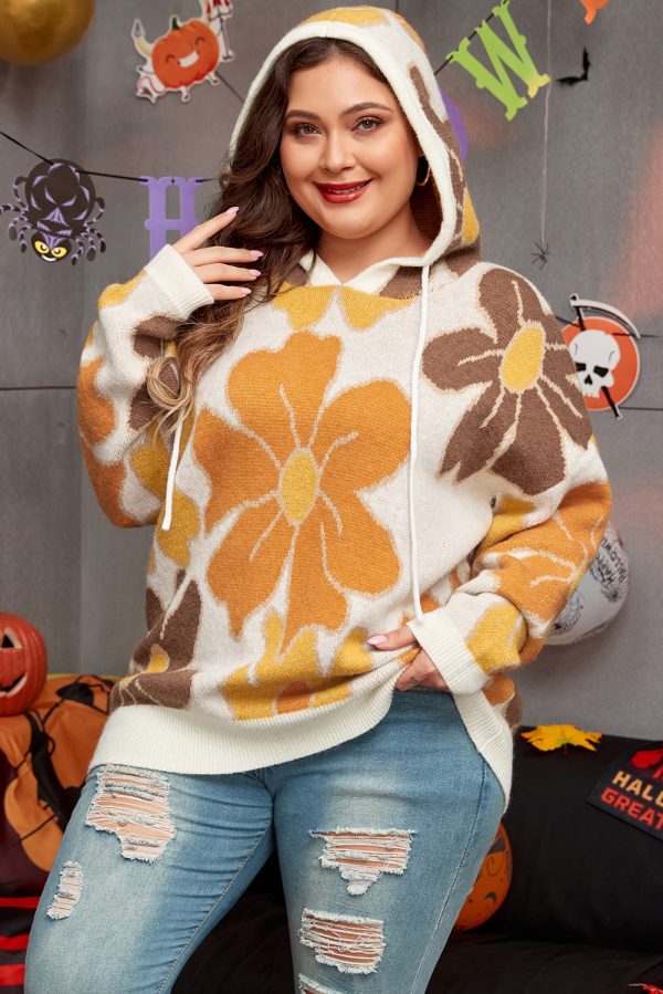 White Large Flower Knitted Drawstring Hooded Plus Size Sweater - Image 3