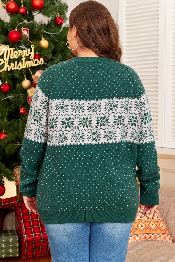 Green Christmas Snowflake Pattern Drop Shoulder Plus Size Sweater - Image 2