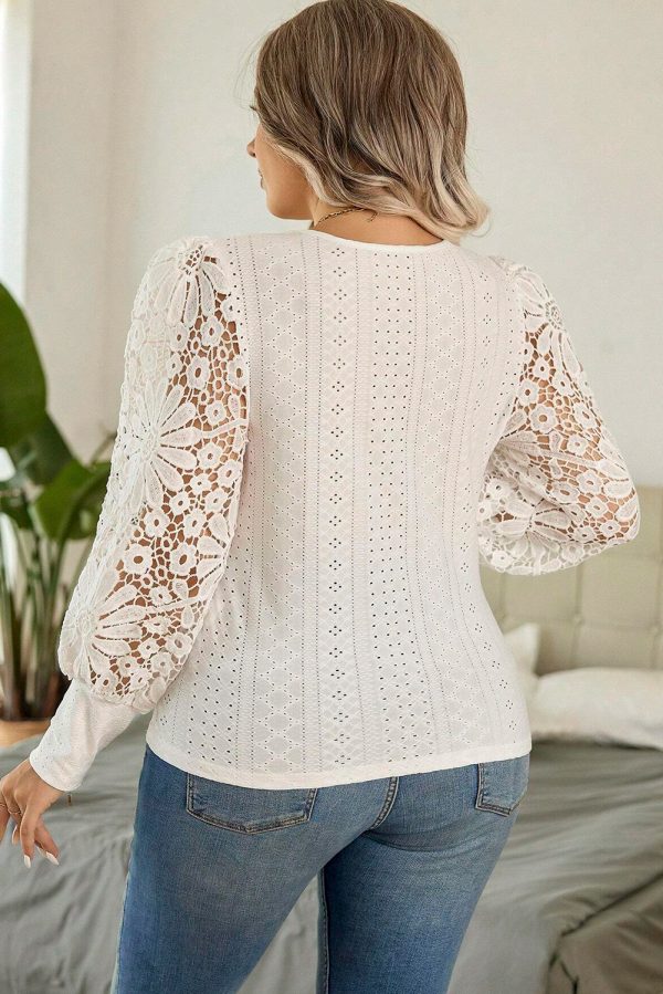 Apricot Contrast Floral Guipure Lace Lantern Sleeve U Neck Plus Size Blouse - Image 2