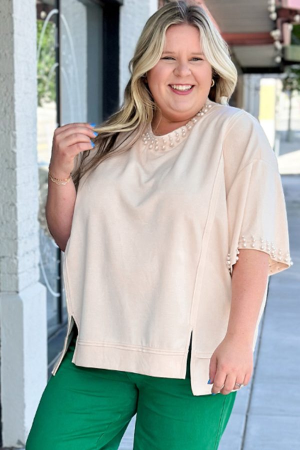 Beige Pearl Decor Crew Neck Half Sleeve Plus Size T Shirt - Image 2