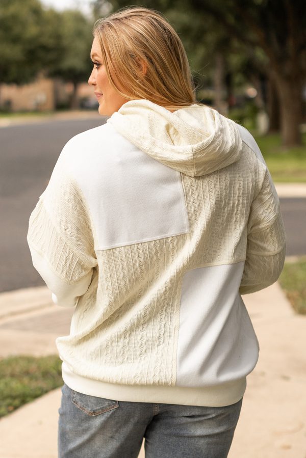 Beige Textured Patchwork Exposed Seam Plus Size Hoodie - Image 2