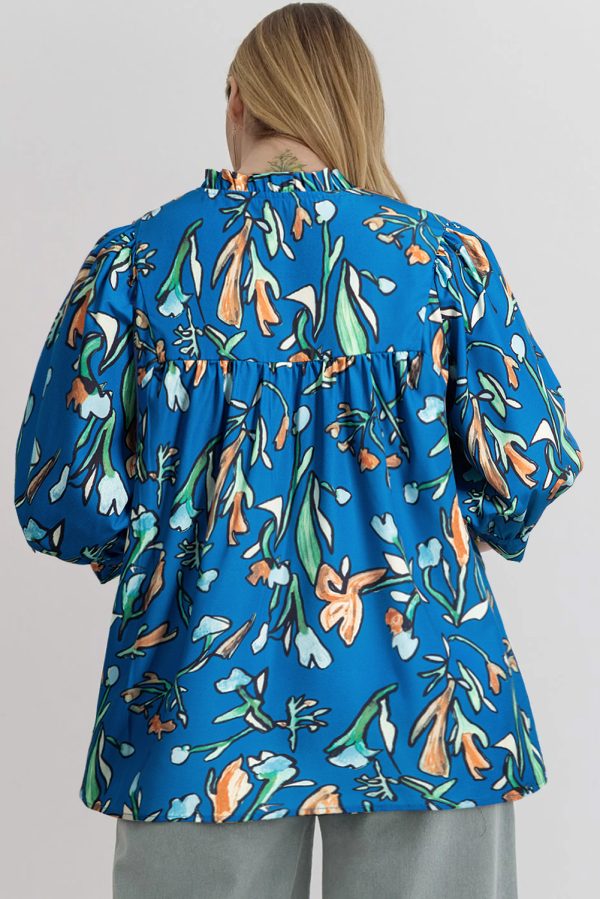 Blue Floral Notched V Neck Half Sleeve Plus Size Blouse - Image 2