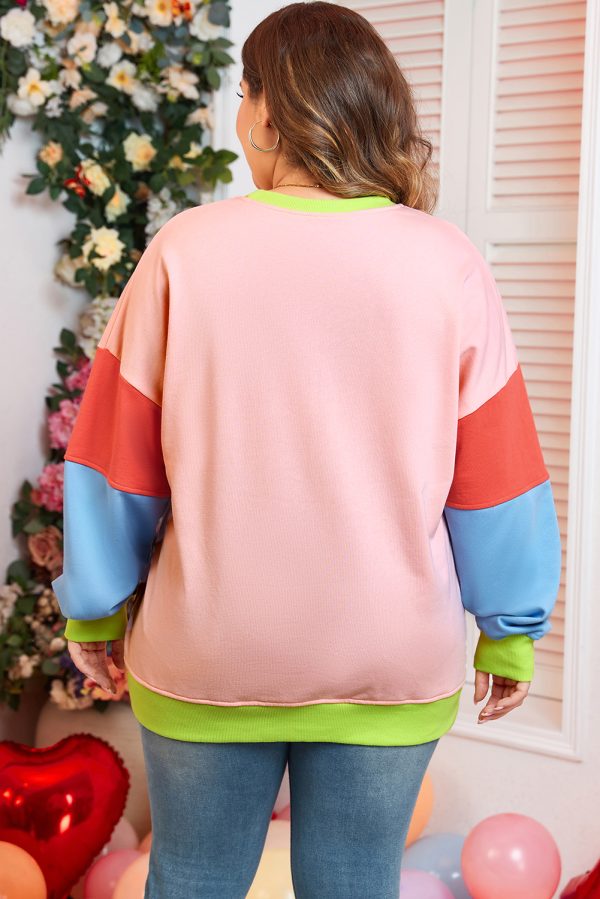 Light Pink Plus Size Colorblock Patchwork Crew Neck Sweatshirt - Image 2