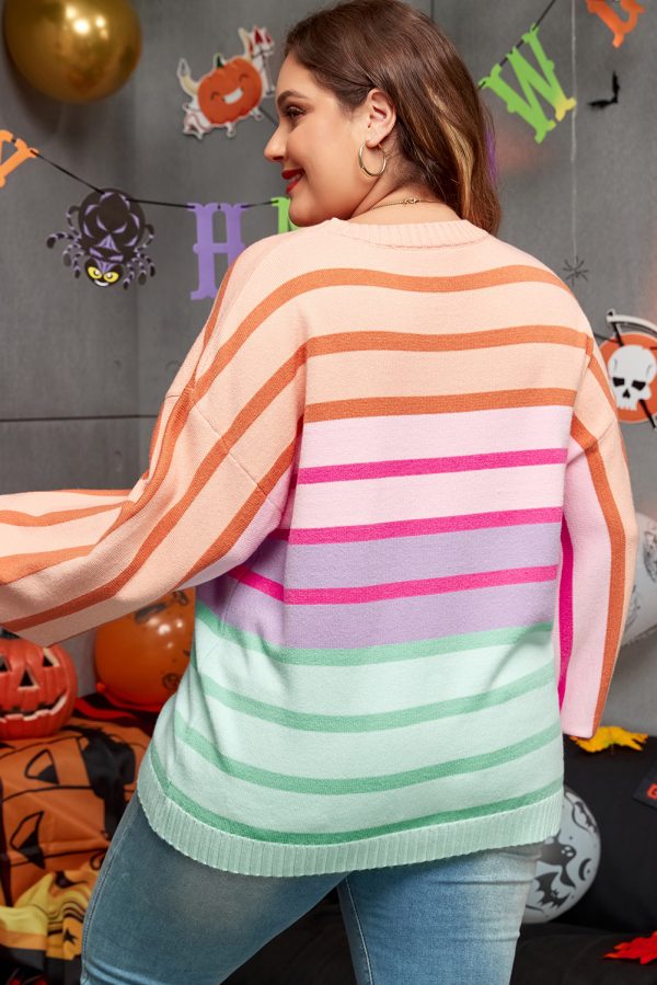 Pink Stripe Color Block Balloon Sleeve Crewneck Plus Size Sweater - Image 2