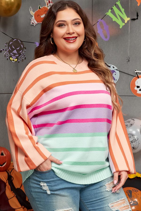 Pink Stripe Color Block Balloon Sleeve Crewneck Plus Size Sweater - Image 3