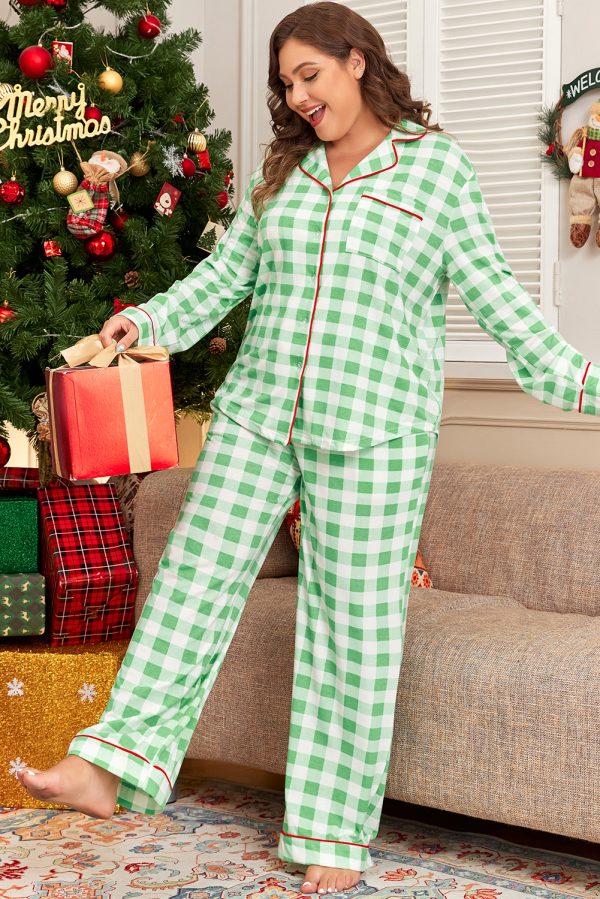 Green Plaid Print Contrast Trim Long Sleeve Plus Size Pajama Set - Image 3