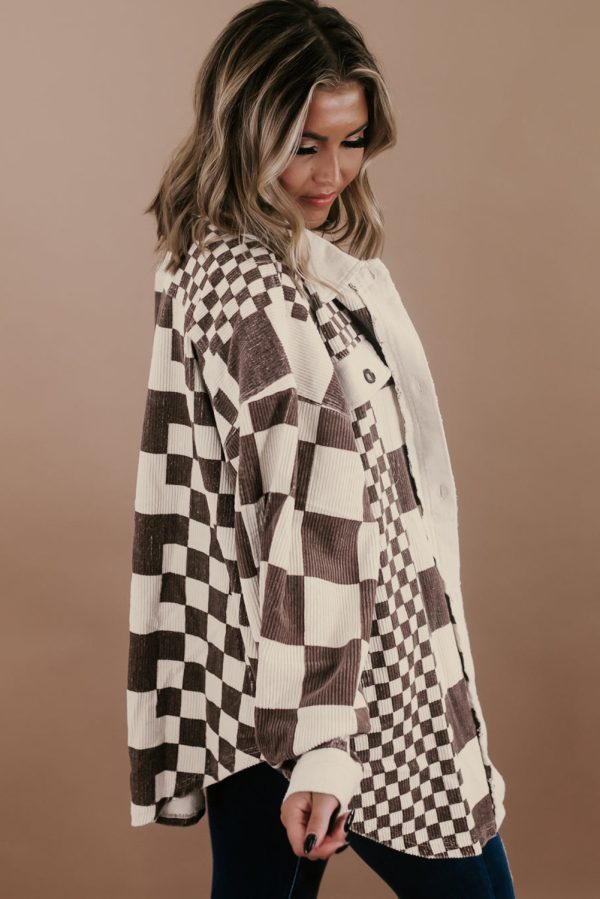 Brown Color Block Checkered Print Corduroy Plus Size Shacket - Image 3