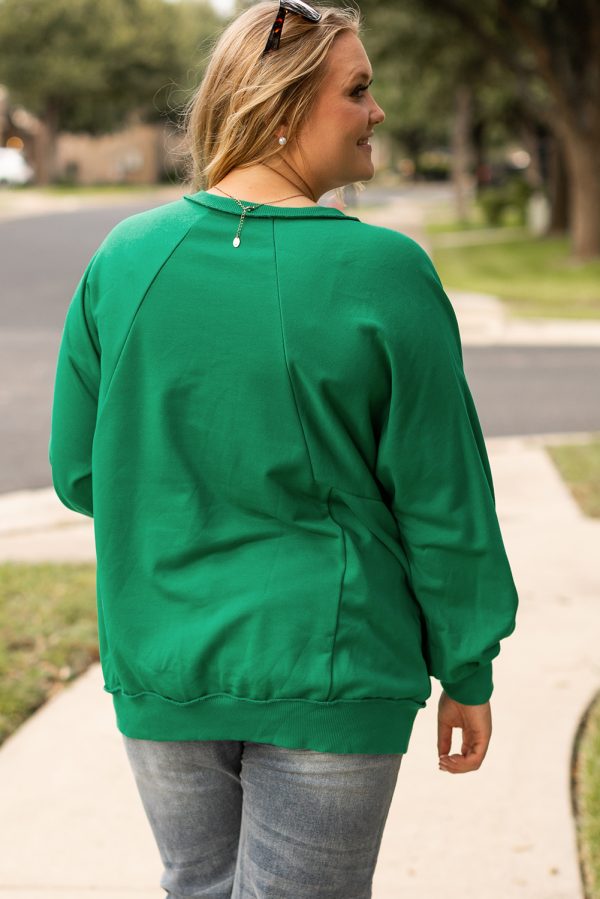 Bright Green Exposed Seam Notched Neck Drop Shoulder Plus Sweatshirt - Image 2