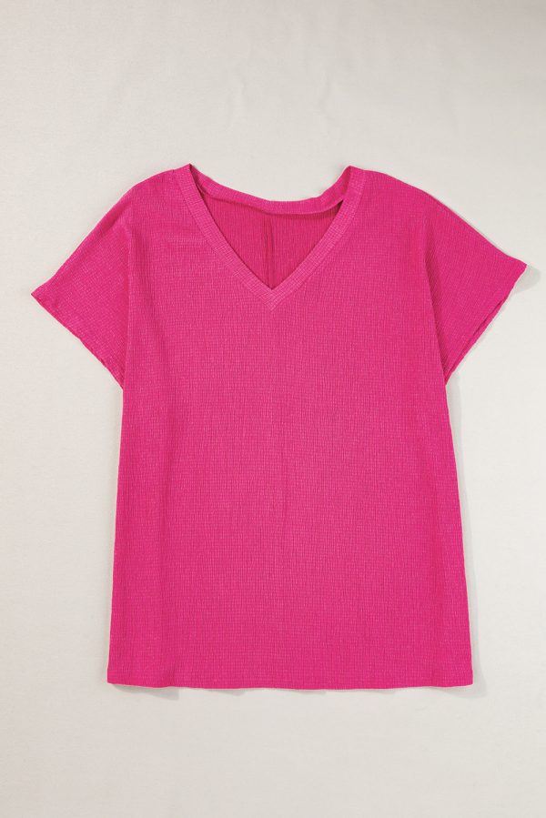 Bright Pink Textured V Neck Bubble Hem Plus Top - Image 3