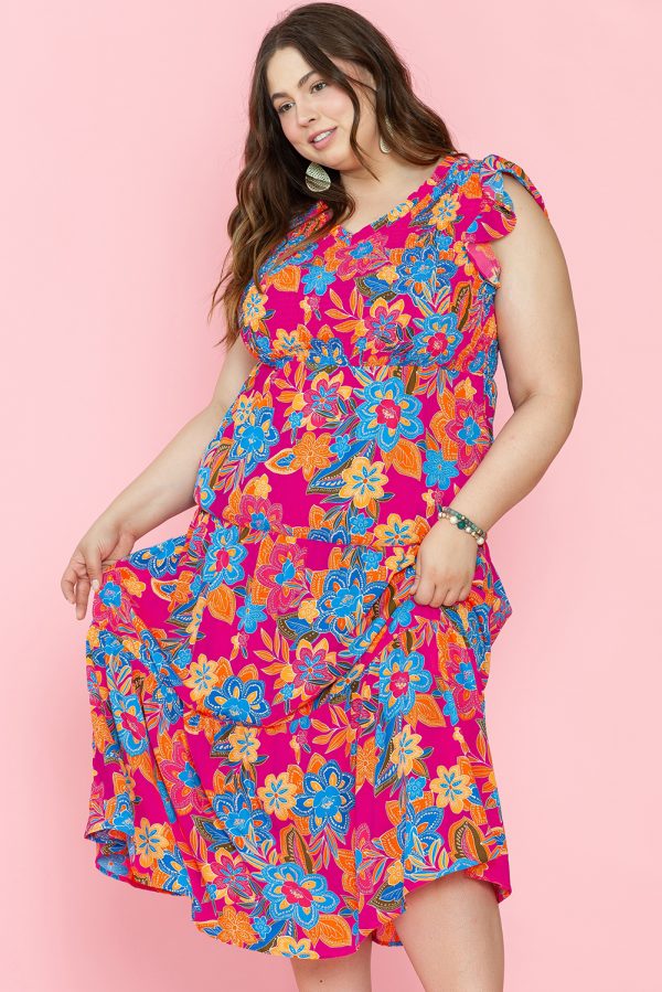 Red Floral Print Ruffled Sleeveless Plus Size Long Dress - Image 3