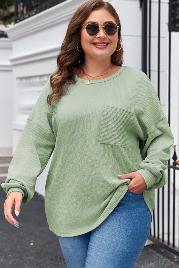 Clearly Aqua Plus Size Corded Knit Pocketed Crew Neck Top - Image 3