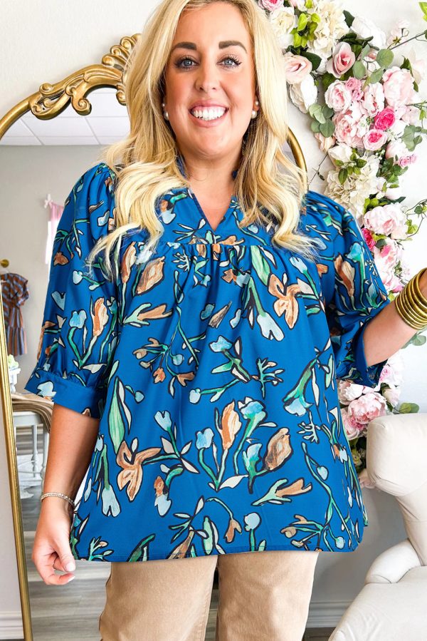 Blue Floral Notched V Neck Half Sleeve Plus Size Blouse - Image 3