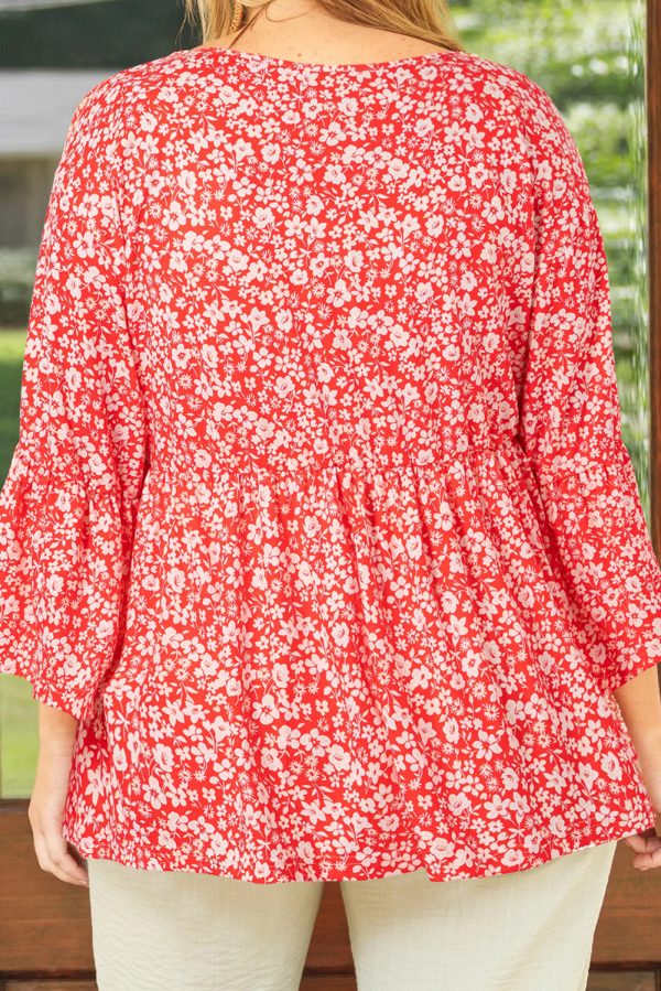 Red Plus Size Floral V Neck Flared Bracelet Sleeve Blouse - Image 2