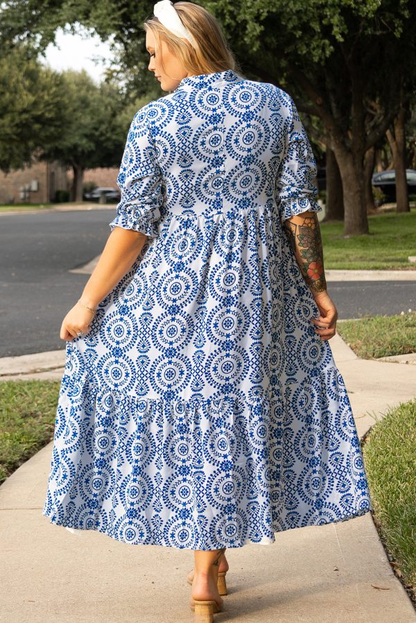 Sky Blue Geometric Print Lace-up Notch Neck Plus Size Maxi Dress - Image 2