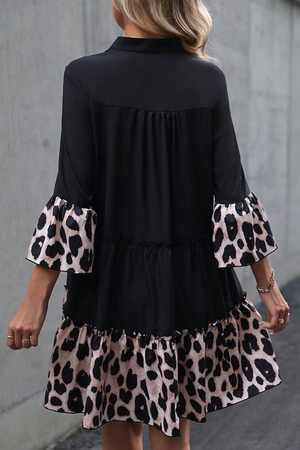 Black Leopard Patchwork Split Neck Ruffle Curvy Dress - Image 2