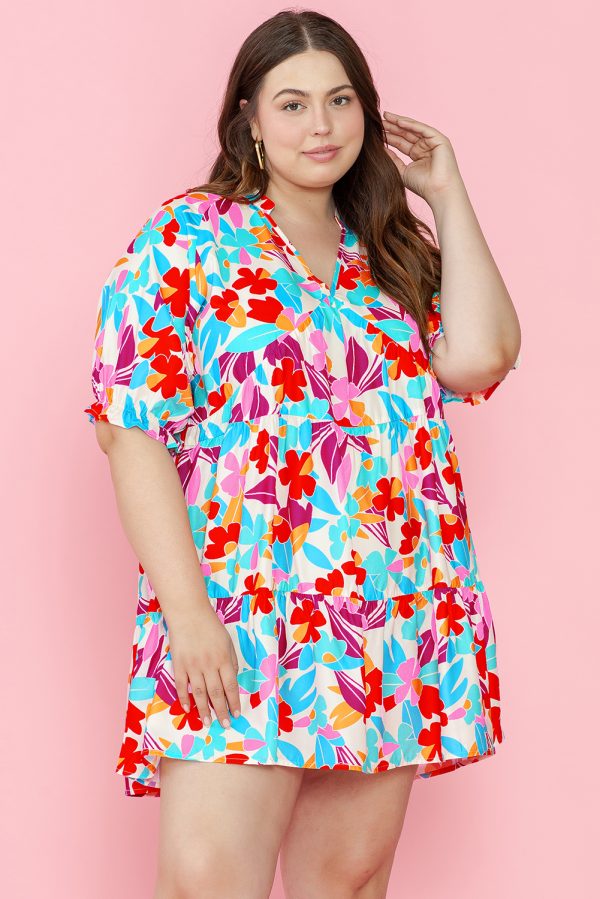 Multicolour Floral Tiered V Neck Plus Dress - Image 2