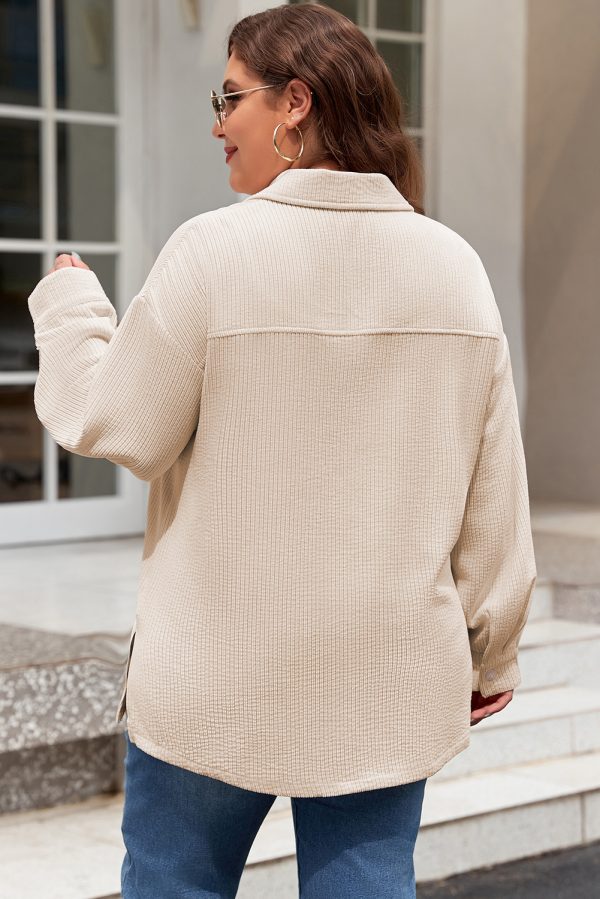 Oatmeal Textured Flap Pockets Buttoned Plus Size Shacket - Image 2