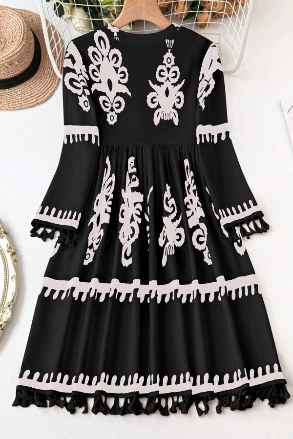 Black Plus Size Western Floral Print Fringed V Neck Dress - Image 3