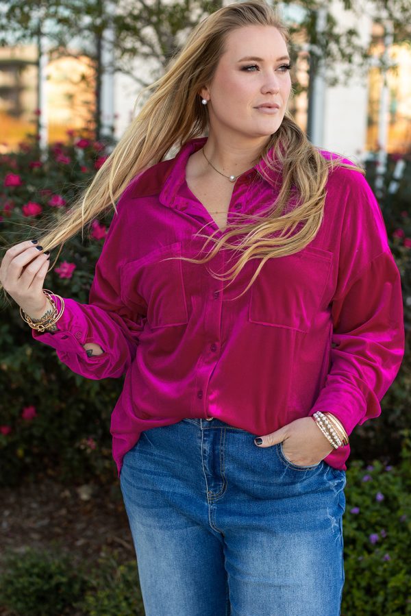 Chestnut Plus Size Velvet Chest Pocket Drop Shoulder Shirt - Image 4