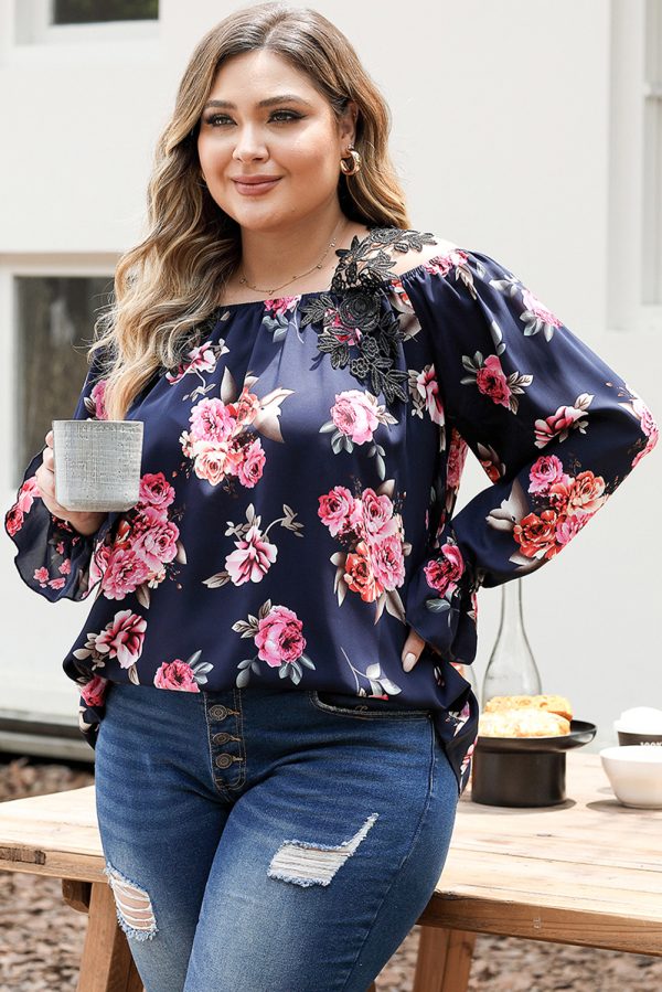 Navy Blue Plus Size Crochet Detail Cold shoulder Floral Blouse - Image 3