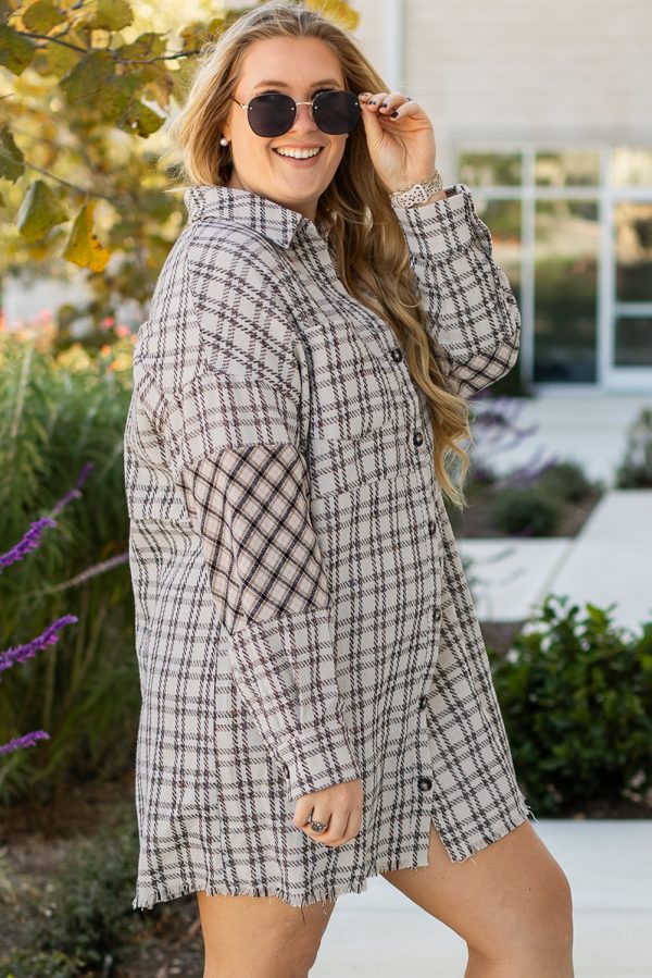 White Stripe Plus Size Plaid Buttoned Raw Hem Tunic Shirt Dress - Image 3