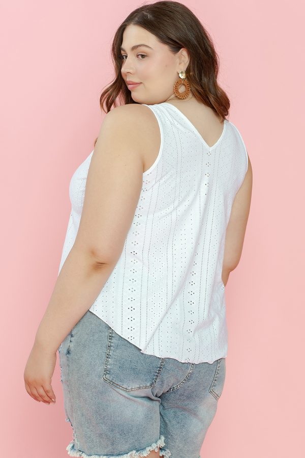 White Plus Size Guipure V Neck Eyelet Lace Tank Top - Image 2