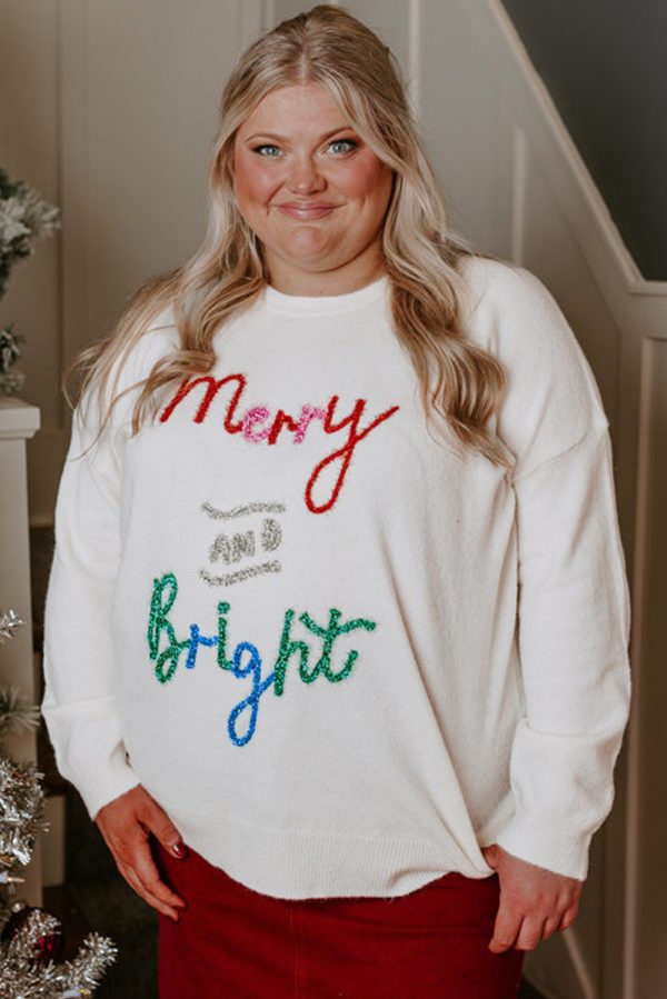 White Tinsel Merry AND Bright Pattern Plus Size Christmas Sweater - Image 3