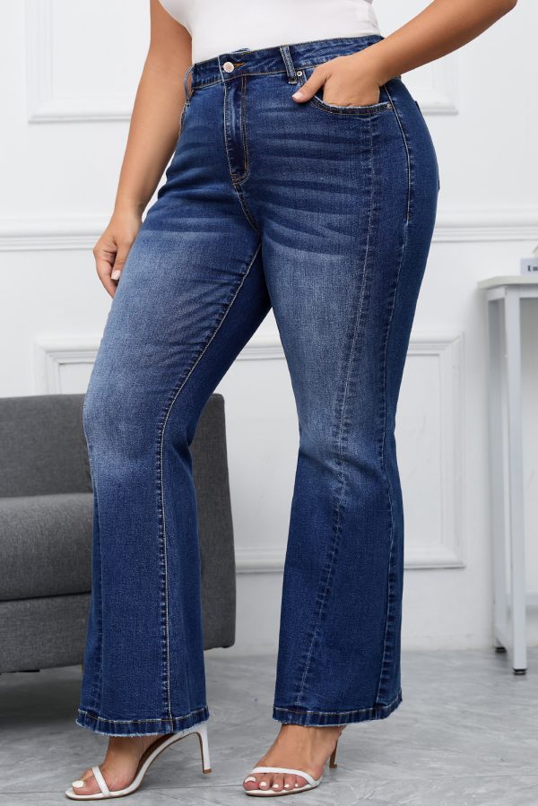 Dark Blue Plus Size Stitching Washed Flare Jeans - Image 3