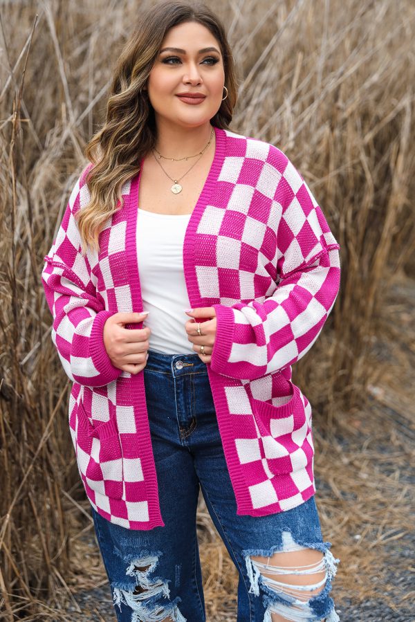 Bonbon Checkered Pattern Open Front Plus Size Cardigan - Image 3