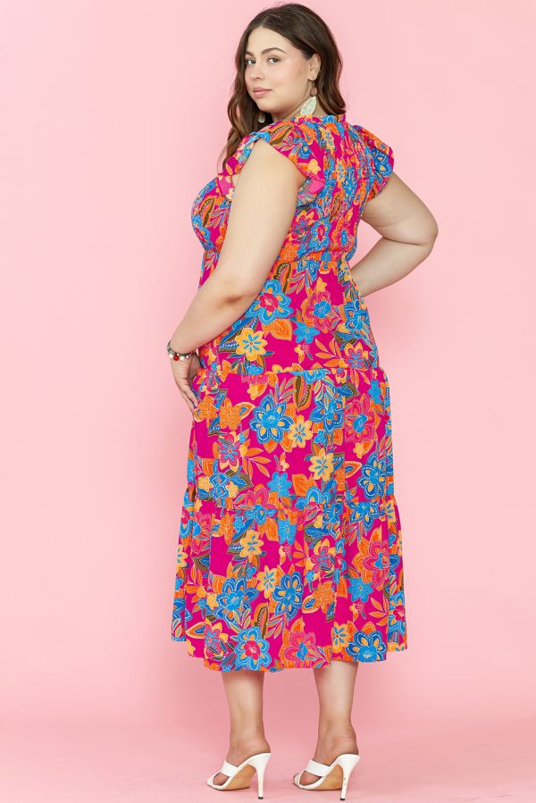 Red Floral Print Ruffled Sleeveless Plus Size Long Dress - Image 2