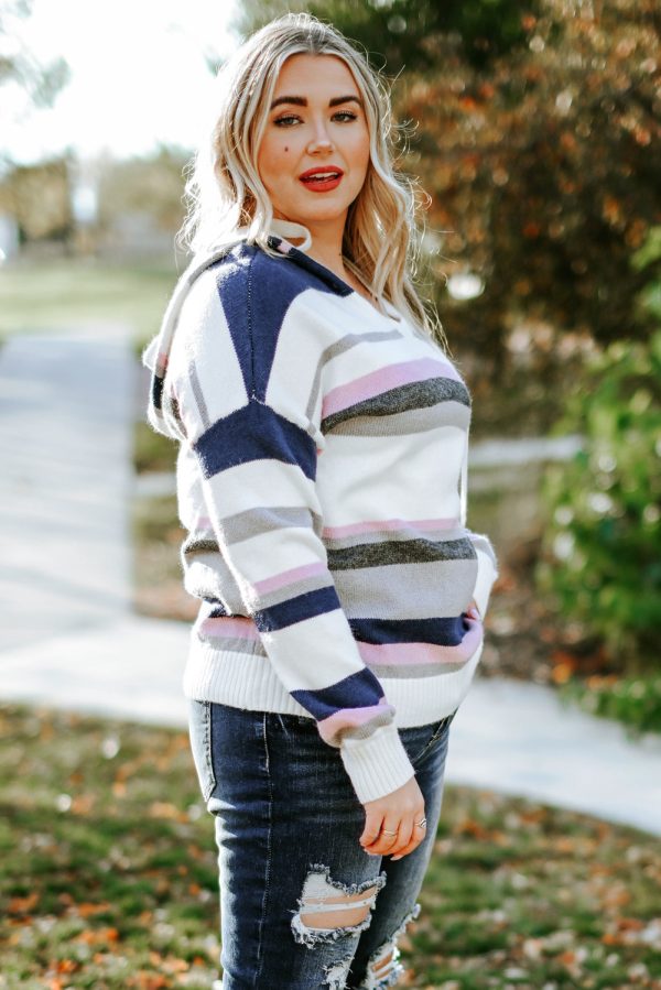 Stripe Plus Size Striped Hooded Knit Sweater - Image 3