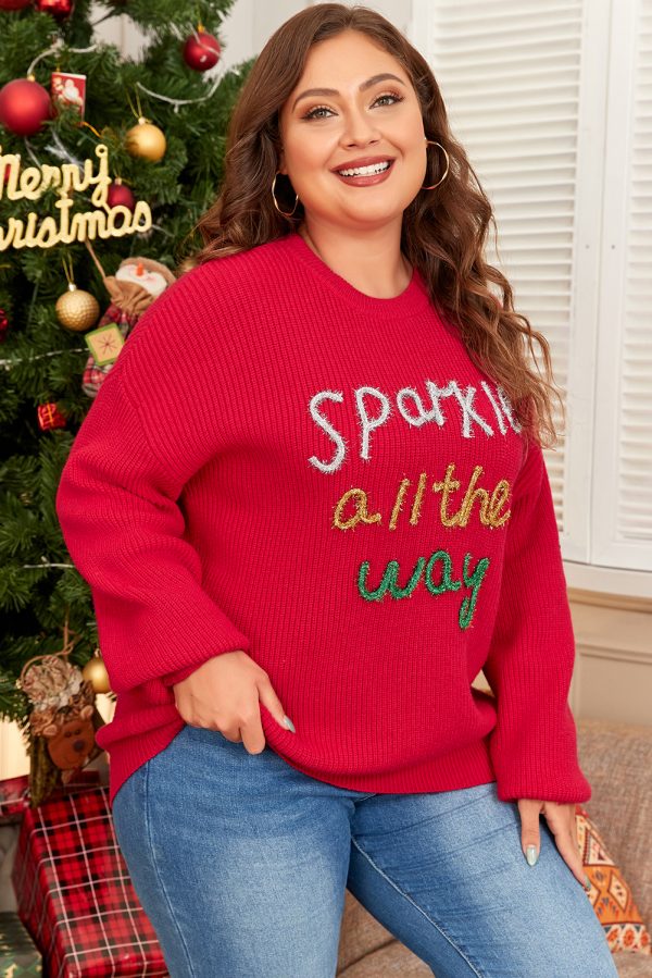 Racing Red Sparkle All The Way Tinsel Crew Neck Plus Size Sweater - Image 3