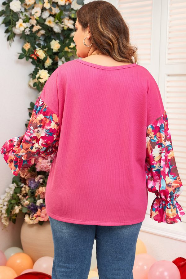 Bright Pink Floral Patchwork Flounce Sleeve Rib Knit Plus Top - Image 2