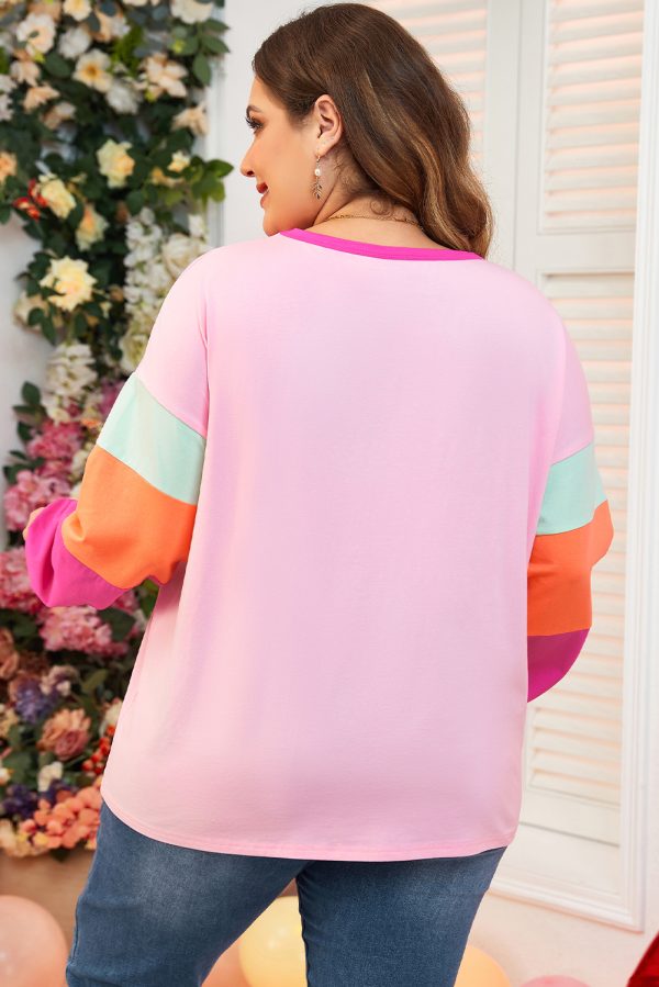 Pink Colorblock Patchwork Long Sleeve Plus Size Top - Image 2