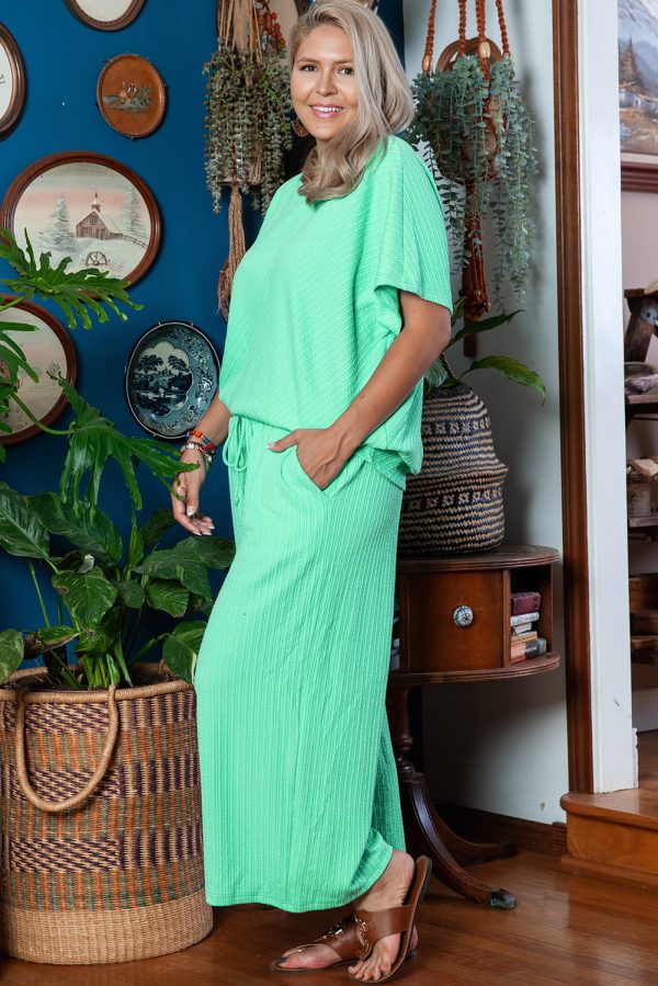 Mint Green Textured Batwing Sleeve Tee Wide Leg Pants Plus Size Set - Image 3