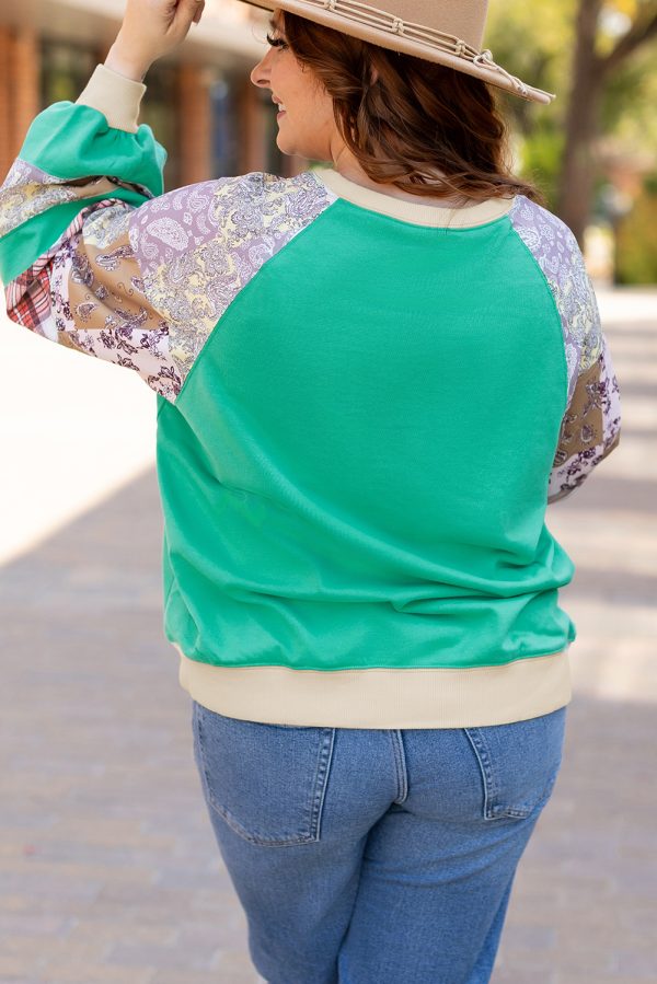 Sky Blue Plus Size Plaid Floral Patchwork Raglan Sleeve Sweatshirt - Image 2