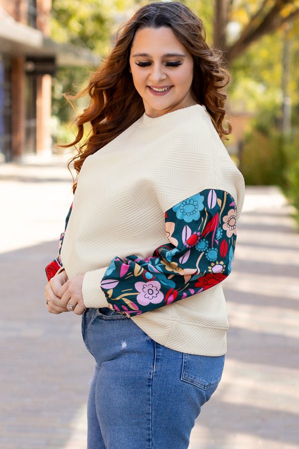 White Floral Patchwork Sleeve Textured Plus Size Pullover Top - Image 3