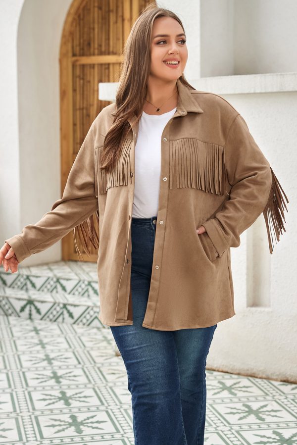 Khaki Fringe Trim Plus Size Suede Shacket - Image 3