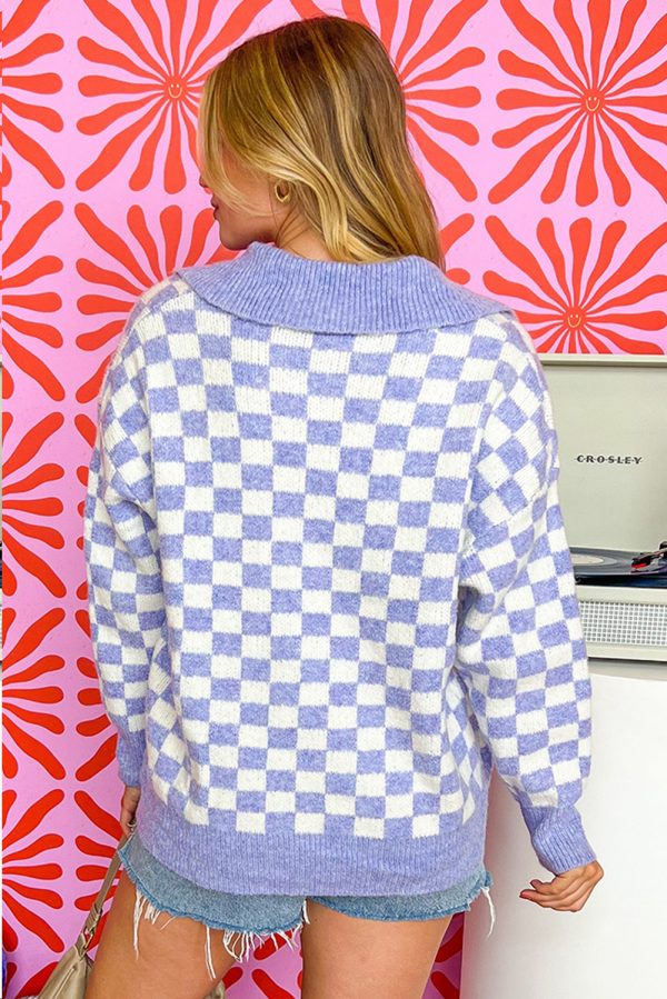 Purple Checkered Collared Buttons Plus Size Sweater - Image 2